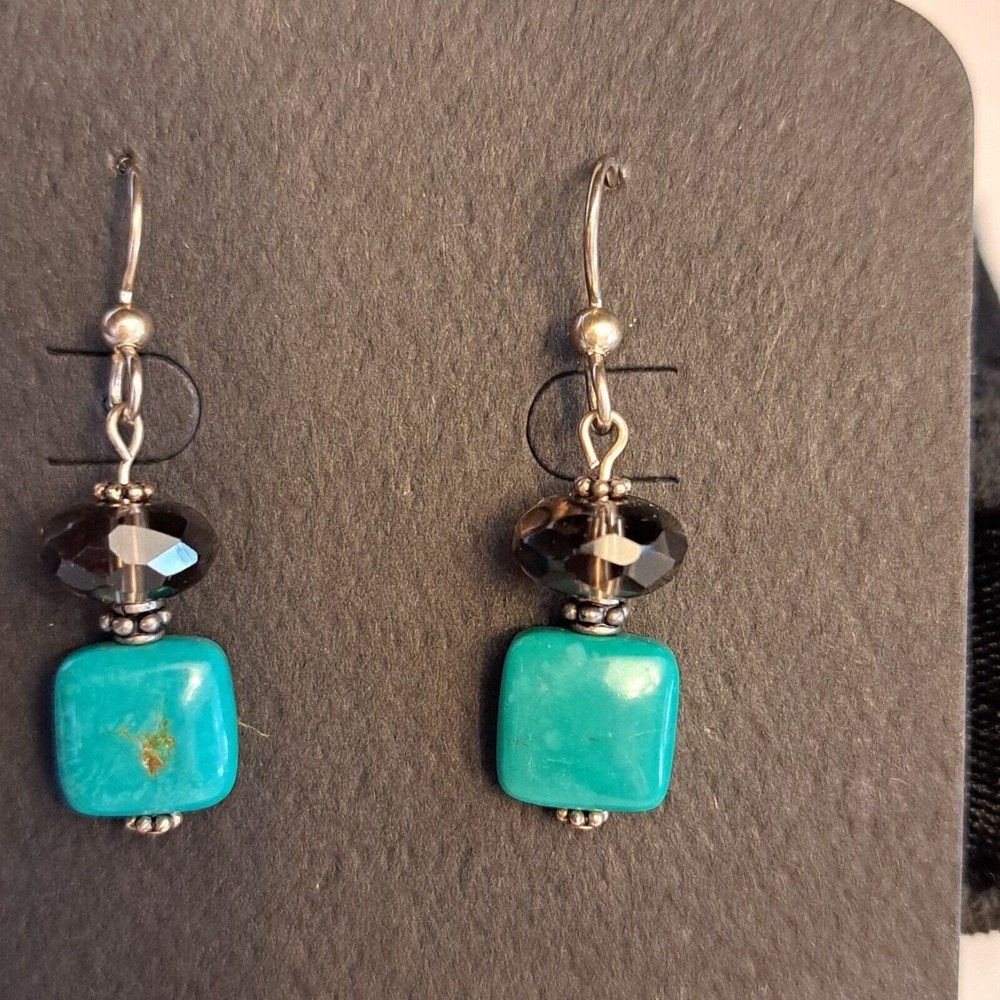 Handmade Turquoise Smoky Quartz Dangle Earrings Natural Gemstone - Picture 3 of 4